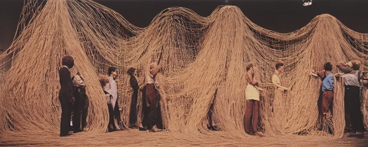 Image similar to hippies standing on a stage made of spaghetti protesting the war, 1 9 6 0's, muted, canon 5 0 mm, cinematic lighting, photography, retro, film, kodachrome