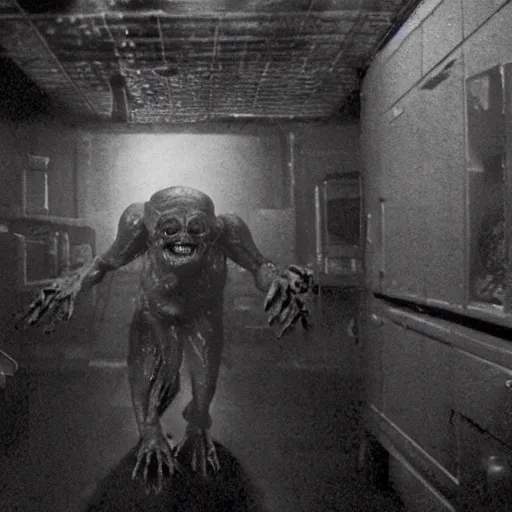 Image similar to a hyper realistic creepy filmic 30mm film movie like wide shot color ground level angle photograph of the full body of a dangerous shape shifting alien creature, with multiple mutated snarling drooling human faces with a grotesque variety of gorey human and animal limbs protruding from its lower torso inside a lab in the style of a live action 1980s horror film, in the style of John Carpenter's The Thing 1982