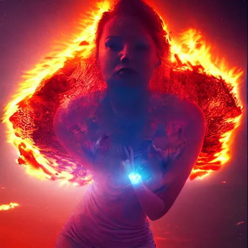 Prompt: a woman on fire, city on fire, giant, photoshop, sci - fi, creative and cool, photo manipulation, in another planet