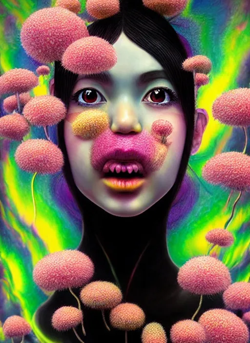 Image similar to hyper detailed 3d render like a Oil painting - kawaii action portrait Aurora (black haired Fae acrobat) seen Eating of the Strangling network of yellowcake aerochrome and milky Fruit and Her delicate Hands hold of gossamer polyp blossoms bring iridescent fungal flowers whose spores black the foolish stars by Jacek Yerka, Mariusz Lewandowski, Houdini algorithmic generative render, Abstract brush strokes, Masterpiece, Edward Hopper and James Gilleard, Zdzislaw Beksinski, Mark Ryden, Wolfgang Lettl, hints of Yayoi Kasuma, octane render, 8k