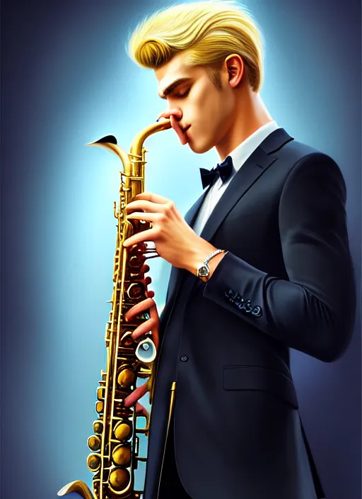 Prompt: photo of a gorgeous young blond man playing sax in the style of stefan kostic, realistic, sharp focus, 8k high definition, insanely detailed, intricate, elegant, art by stanley lau and artgerm