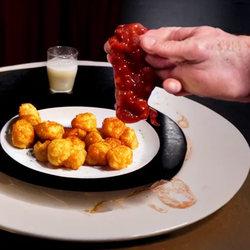 Image similar to food photo of channing tatum's face as tater tot on a plate with ketchup