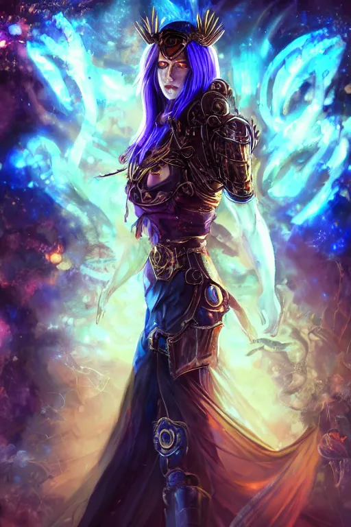 Prompt: Path of Exile, Maven, blue eyes female image with silver purple hair among colourful lights, dark blue spheres fly around, Anachronism, painting, dark fantasy, steampunk, 4k