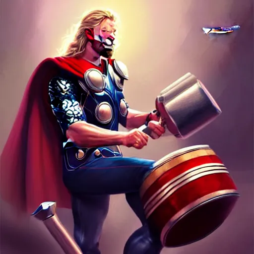 Image similar to thor playing the bongos, comic style by guweiz and stanley artgerm, extremely high quality artwork, very detailed, trending on artstation