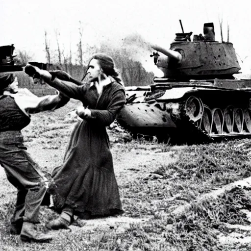 Prompt: a photograph of emma watson punching a german tiger tank