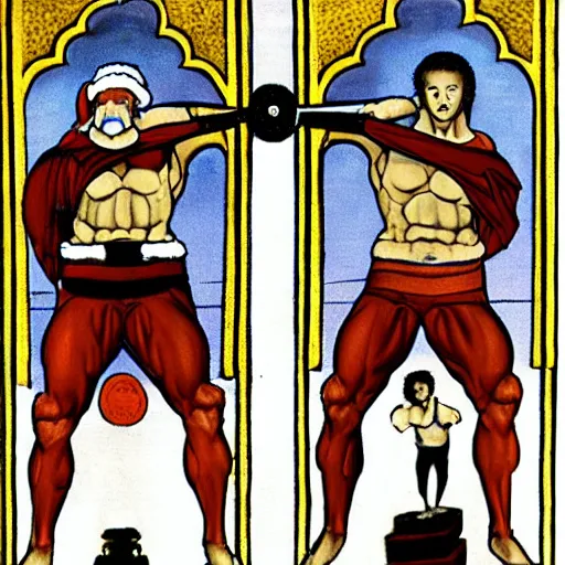 Image similar to santa lifting weights, squats, gothic triptych