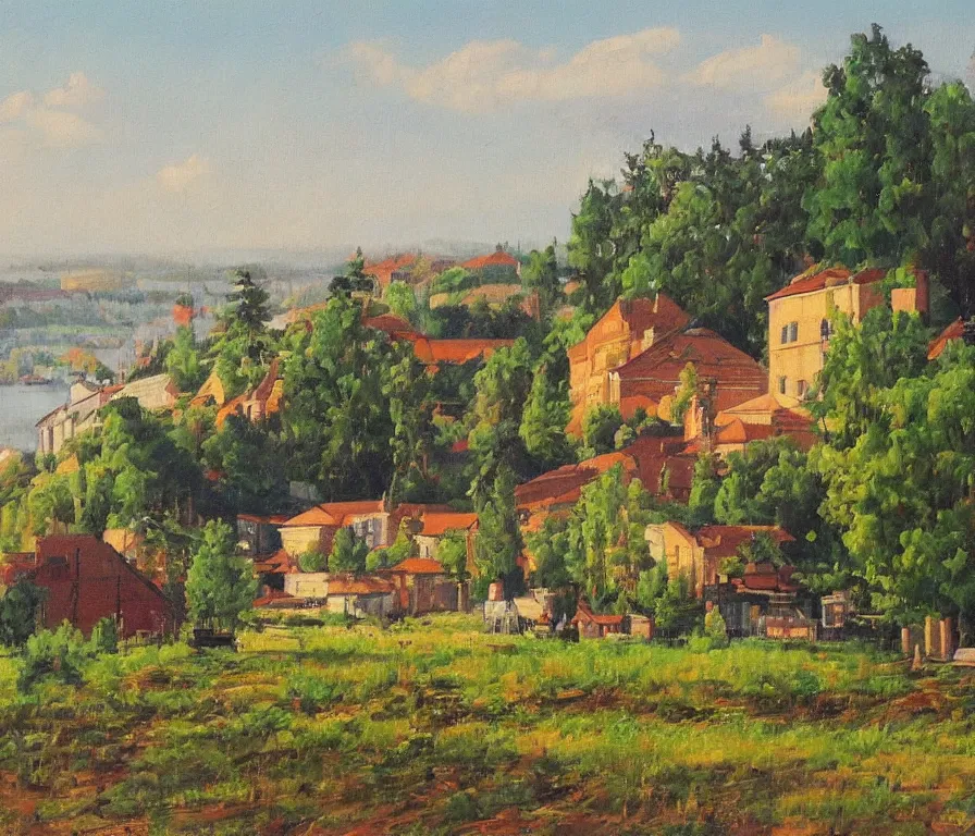 Image similar to beautiful view of a peaceful ukrainian town. art by isaac leitan and ivan shiskin, oil on canvas