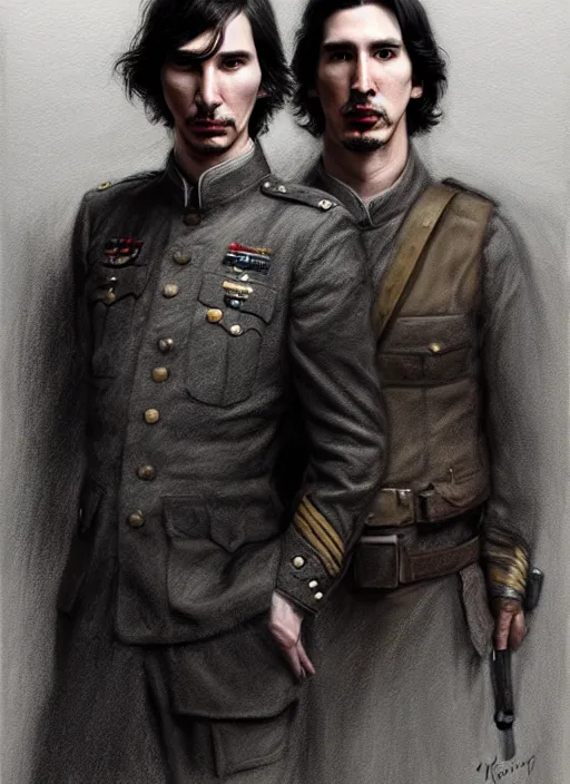 Prompt: a portrait of john oliver standing next to adam driver, stoic, military uniform, fantasy, intricate, elegant, beautiful, highly detailed, charcoal, centered, dark, smokey, digital painting, artstation, concept art, smooth, sharp focus, illustration, art by krenz cushart and wenjun lin