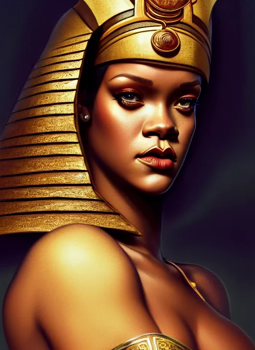 Image similar to portrait of rihanna as pharaoh, ancient egypt, hat, colt, intricate, headshot, highly detailed, digital painting, artstation, concept art, sharp focus, cinematic lighting, illustration, art by artgerm and greg rutkowski, alphonse mucha, cgsociety