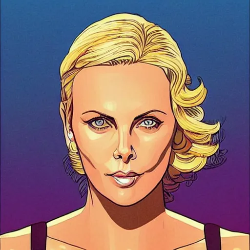 Image similar to “ charlize theron retro minimalist portrait, moebius starwatcher, by jean giraud, 8 k ”