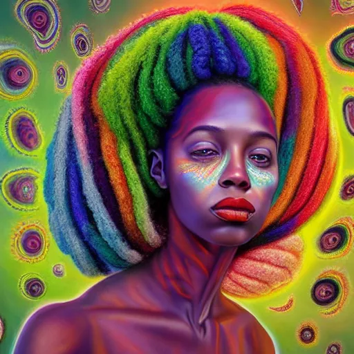 Image similar to a wide angle shot of a black girl with colorful dreadlocks in a field of candy, by Adi granov and afarin sajedi and amanda sage and evgeni gordiets and Agostino Arrivabene and adonna khare in a psychedelic portrait style, ultrarealistic matte painting, volumetric lighting, fractal, extremely symmetrical, highly detailed face, orisha, 8k, hd