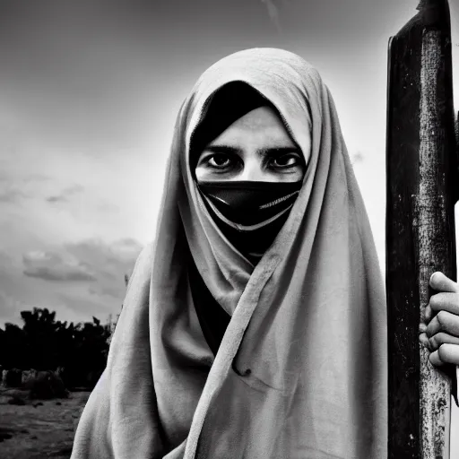 Image similar to 8 k uhd black and white portrait from burqa woman carrying a riffle's, uhd details, national geography winning photo contest