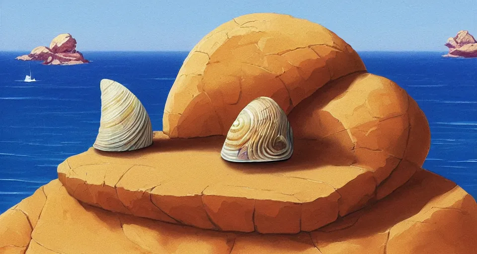 Prompt: acrylic painting of a tiny golden - spiral seashell house on top of a rock, by roger dean, syd mead, cell shaded graphics, concept art, minimalist