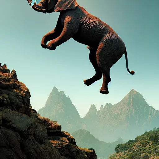Prompt: ( dog ) jumps from mountain, like elephant, intricate, epic lighting, cinematic composition, hyper realistic, 8 k resolution, unreal engine 5, by artgerm, tooth wu, dan mumford, beeple, wlop, rossdraws, james jean, marc simonetti, artstation