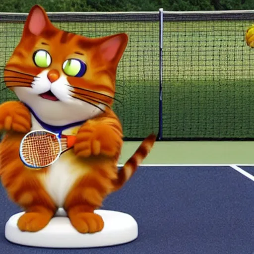 Image similar to Garfield cat playing tennis against a refrigerator