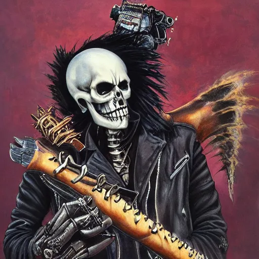 Image similar to a portrait of the grim reaper as a punk rocker, punk, skeleton face, mohawk, dark, fantasy, leather jackets, spiked collars, spiked wristbands, piercings, boots, guitars, motorcycles, ultrafine detailed painting by frank frazetta and vito acconci, detailed painting