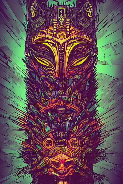 Image similar to totem animal tribal chaman vodoo mask feather gemstone plant wood rock video game illustration vivid color borderlands by josan gonzales and dan mumford radiating a glowing aura