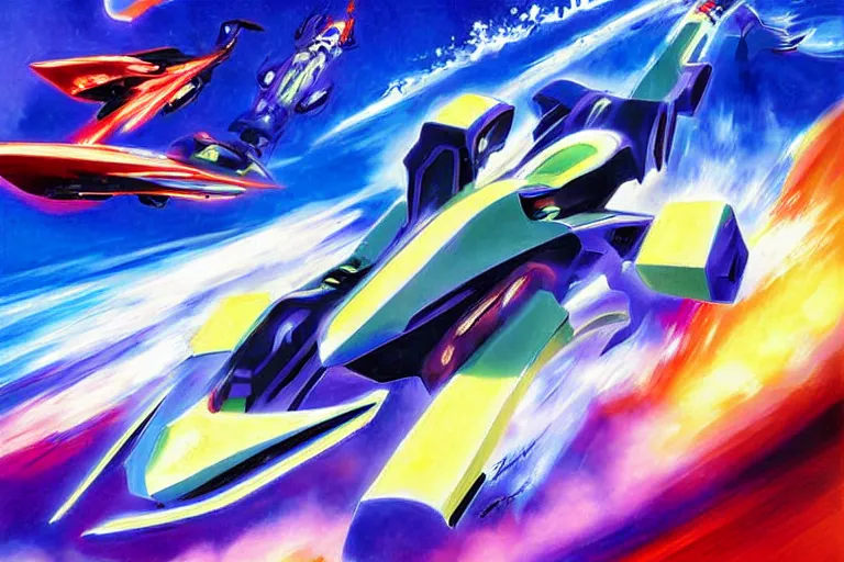 Image similar to A Wipeout 2097 race by Turner and joseph stella, impressionism, poster art, clean shapes