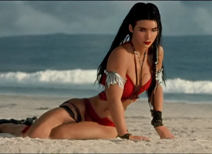 Prompt: a film still of yennifer from the witcher in baywatch 1 9 8 9