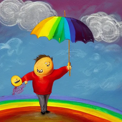 Prompt: complex illustration of a excessively rotund man juggling twinkies, cycling upon a tight rope in the rain, holding a rainbow umbrella, oil painting, knife palette, with a jolly expression, misty, cobblestone background