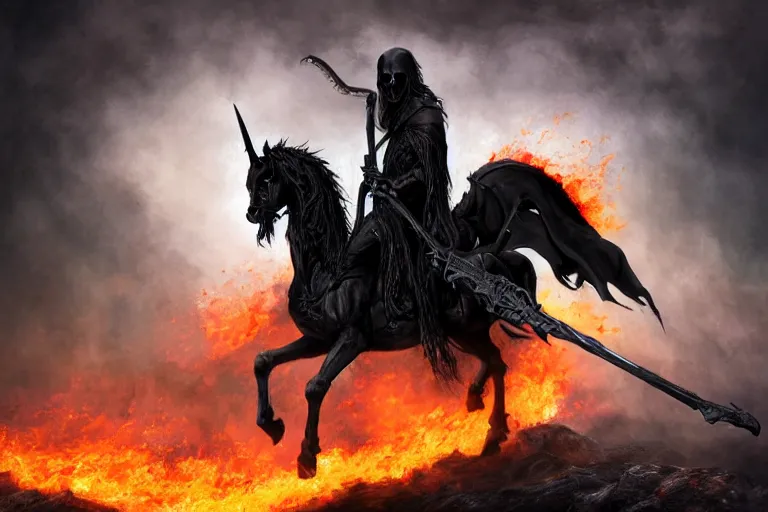 Prompt: fantasy horror painting of the grim reaper riding a black warhorse, holding a wicked scythe, black robe, fiery eyes, matte painting, realistic, super - resolution, perfectionism, elegant, octane engine, neo - gothic, detailed, sharp focus, illustration, coherent