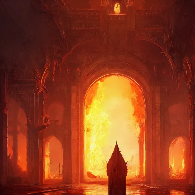 Image similar to huge gate, environment, illustration, symmetrical, fire, smoky, unreal engine, colors, epic scene, fantasy art by greg rutkowski,, golden raito, high quality, intricate details, details, intricate, atmosphere, highly detailed, matte painting, cinematic, deviantart, realistic, concept art, 4 k