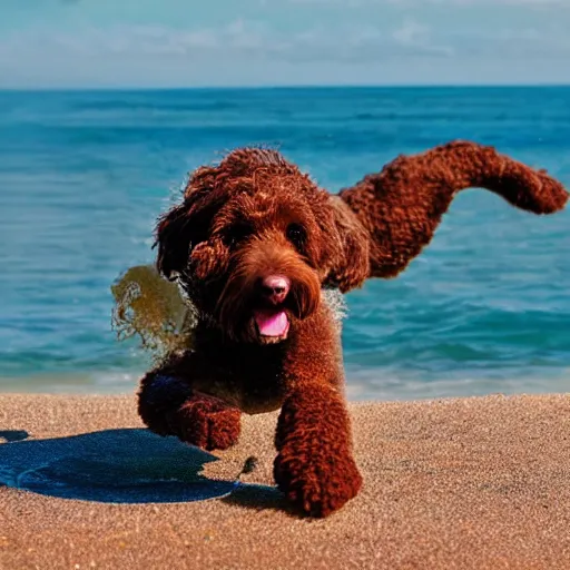 Prompt: a realistic photograph of a brown labradoodle doing a handstand, on a sunny beach, beautiful detailed photography