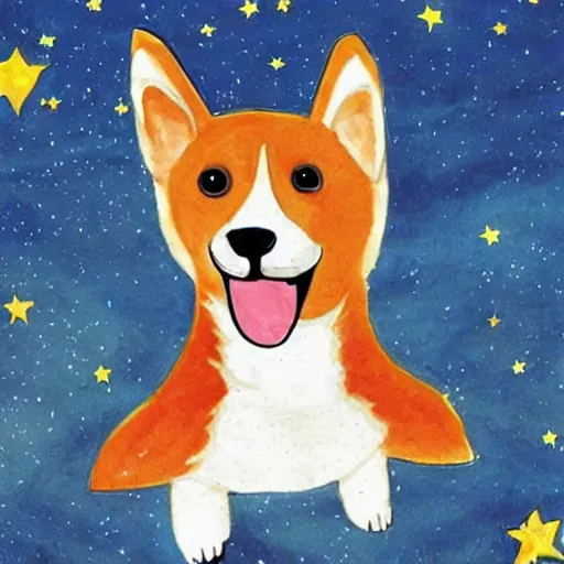 Image similar to corgi with [ angelic wings ]!!, [ flying like a superhero ]!! in the [ night sky ]!! where the stars are visibly perceptible, [ illustration via a child ]!!