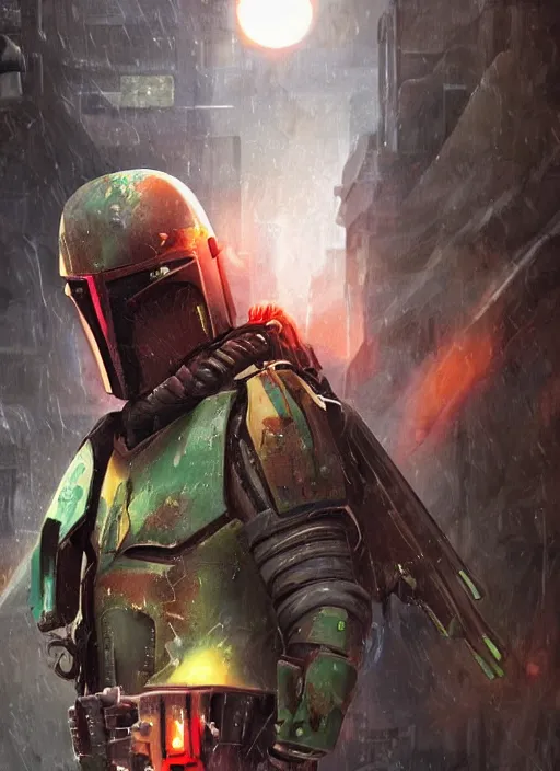 Image similar to cyberpunk x boba fett, digital art, character mashup, epic volumetric lighting, combination art