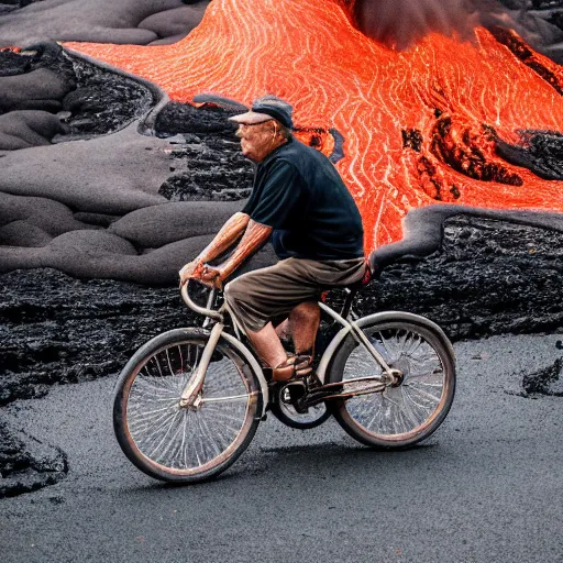 Prompt: elderly man riding a bike in a lava flow, wheelie, stunt, trick, volcano, eruption, magma, lava, canon eos r 3, f / 1. 4, iso 2 0 0, 1 / 1 6 0 s, 8 k, raw, unedited, symmetrical balance, wide angle