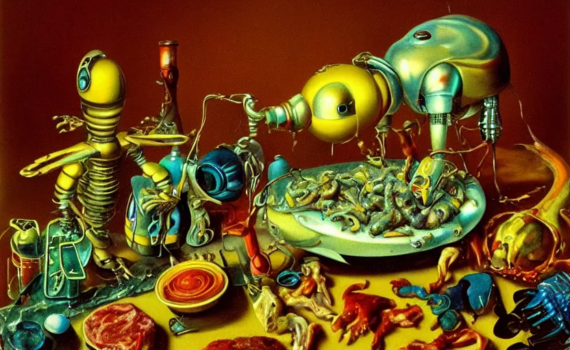 Image similar to strange robot body, disturbing colorful oil painting dutch golden age vanitas still life sparse composition with bizarre objects strange gooey transparent surfaces shiny metal reflections bizarre mutant meat insects rachel ruysch dali todd schorr very detailed perfect composition rule of thirds masterpiece canon 5 0 mm, cinematic lighting, photography, retro, film, kodachrome