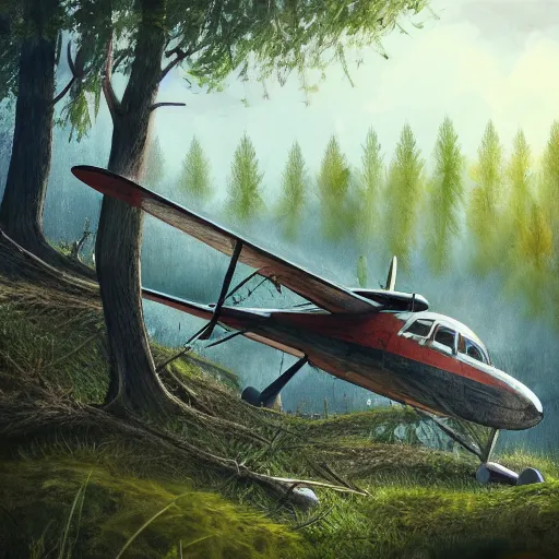 Image similar to an old plane crashed on a hill, there is a forest in the background, texture, intricate, details, highly detailed, masterpiece, architecture, building, trending on artstation, focus, sharp focus, concept art, digital painting, fantasy, sunny, day, midday