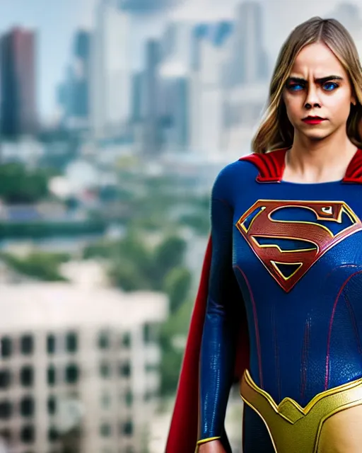 Image similar to high quality presentation photo of a cara delevigne as supergirl, photography 4k, f1.8 anamorphic, bokeh, 4k, Canon, Nikon