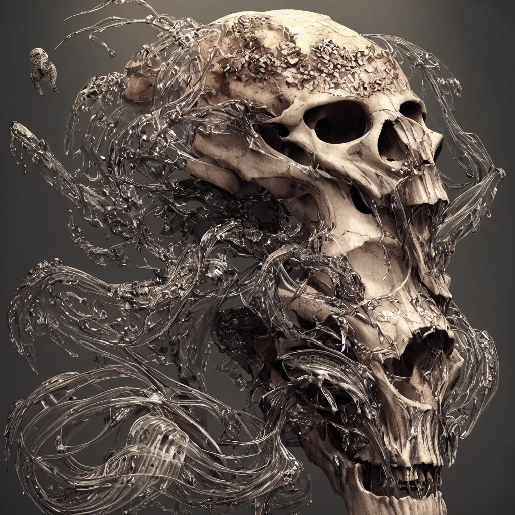 Prompt: close-up macro portrait of the face of a beautiful princess with animal skull mask, epic angle and pose, ribcage bones symmetrical artwork, 3d with depth of field, blurred background, cybernetic jellyfish female face skull phoenix bird, translucent, nautilus, energy flows of water and fire. a highly detailed epic cinematic concept art CG render. made in Maya, Blender and Photoshop, octane render, excellent composition, cinematic dystopian brutalist atmosphere, dynamic dramatic cinematic lighting, aesthetic, very inspirational, arthouse. y Greg Rutkowski, Ilya Kuvshinov, WLOP, Stanley Artgerm Lau, Ruan Jia and Fenghua Zhong