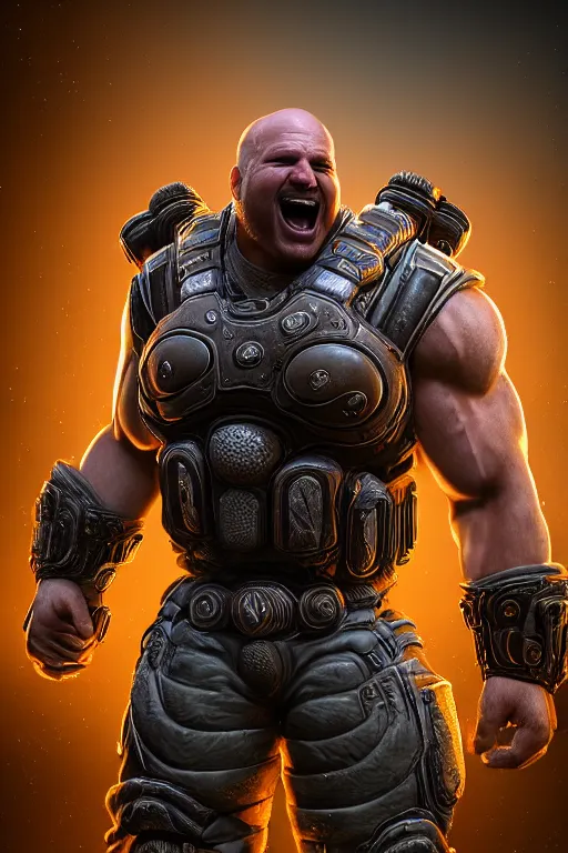 Image similar to Jordan B. Petterson as a muscular Gears of War character laughing, photorealism, half body, HDR ambient background, unreal engine 5, hyperrealistic, highly detailed, XF IQ4, 150MP, 50mm, F1.4, ISO 200, 1/160s, cinematic lights, Adobe Lightroom, photolab, Affinity Photo, PhotoDirector 365, realistic