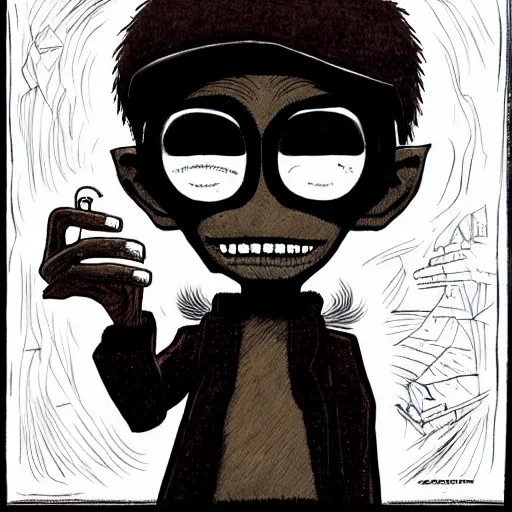 Image similar to a dark brown humanoid, hyper detailed, in the style of jamie hewlett and and jamie hewlett and jamie hewlett, selfie