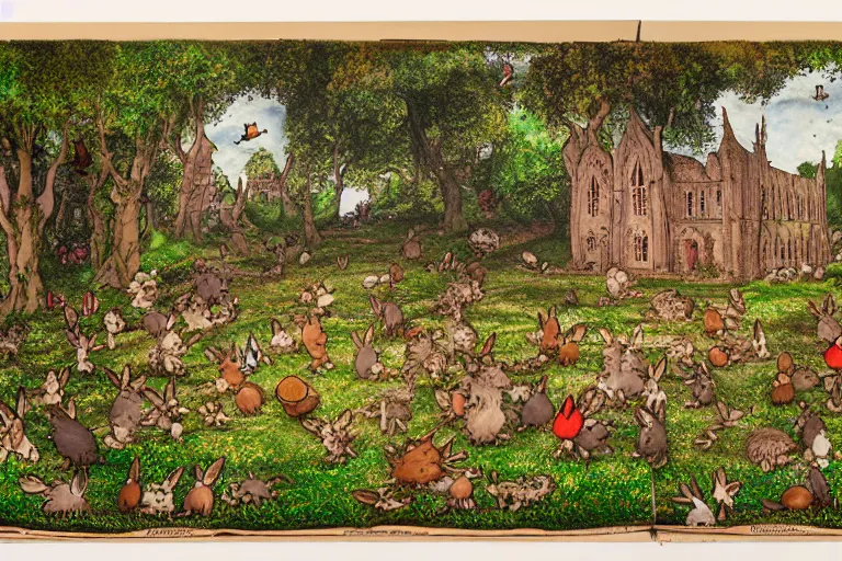 Prompt: an elaborate and dense painting of redwall abbey in mossflower wood with lots of mice and rabbits and otters walking around, detailed, made of alcohol ink on parchment and penned illustrations, by brian jacques