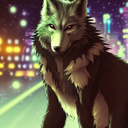 Image similar to key anime visual portrait of a handsome male anthro wolf furry fursona wearing a leather outfit downtown at night, bokeh background, official modern animation