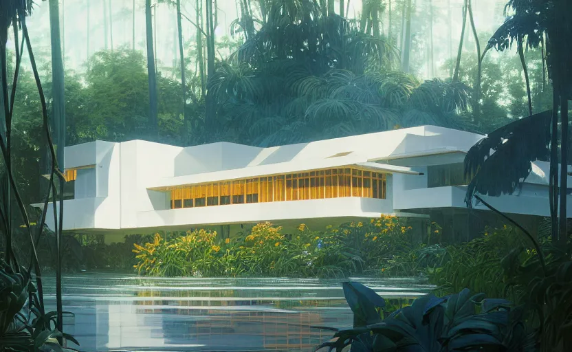 Image similar to painting of a wide angle exterior shot of a white modern architecture in the middle of a tropical forest with cinematic lighting by frank lloyd wright and renzo piano, darek zabrocki and greg ruthkowski, alphonse mucha, simon stalenhag and cinematic and blue cold atmospheric, archillect concept art, artstation, trending on artstation