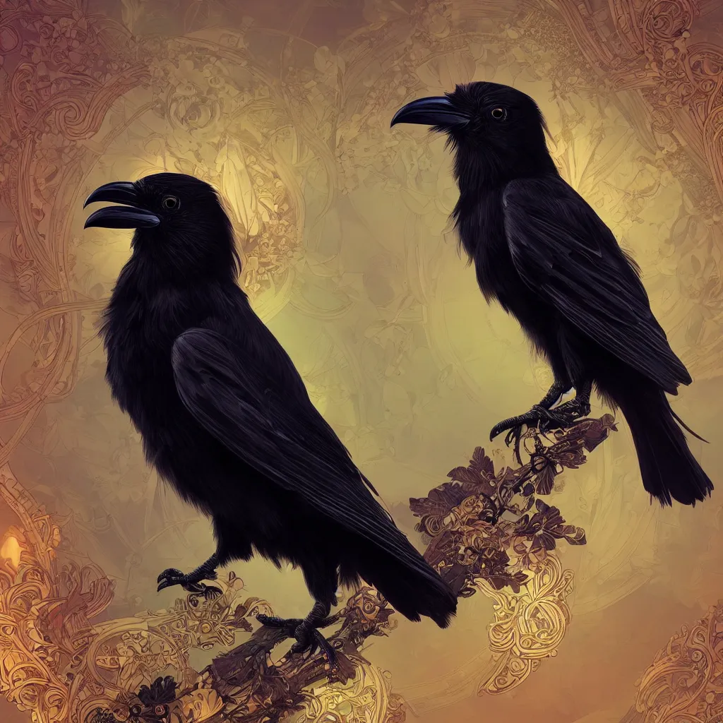 Image similar to beautiful black raven bird with ornate headgear, cute, intricate, highly detailed, digital painting, trending on artstation, concept art, smooth, sharp focus, backlit, rim light, vivid colors, illustration, unreal engine 5, 8 k, art by rossdraws and alphonse mucha