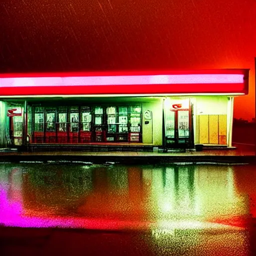 Prompt: “soviet gas station, rain, night, atmospheric lighting, neon glow, lens flare, red lights, digital photography”