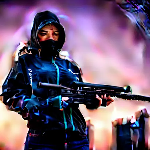 Prompt: photographic portrait of a techwear woman holding a shotgun, closeup, on the rooftop of a futuristic city at night, sigma 85mm f/1.4, 4k, depth of field, high resolution, full color, Die Hard, movie firearms