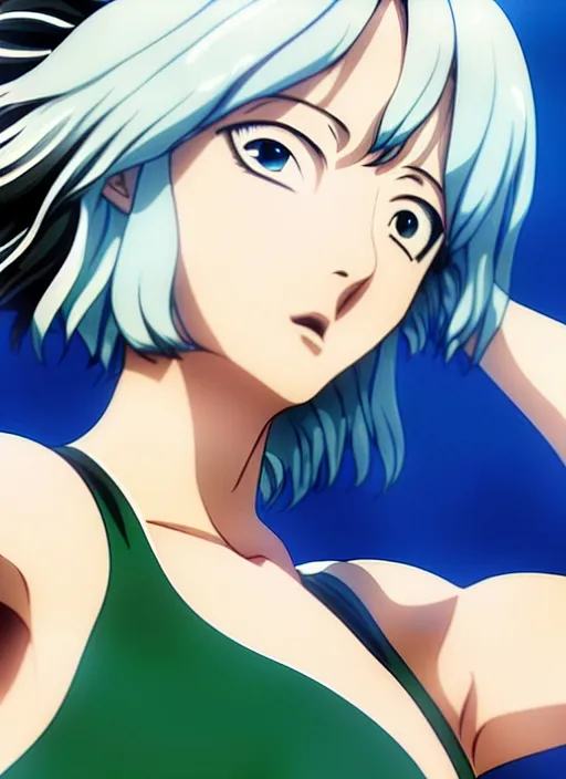 Image similar to film still portrait of fubuki from one punch man, wearing two - piece swimsuit, closeup at the faces, by ilya kuvshinov, finely detailed feature, anime, perfect art, deroo, pixiv top monthly, trending on artstation, cinematic, danbooru, zerochan art, kyoto animation