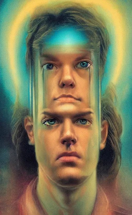 Image similar to upper half portrait of a man with spiral eyes droolingn inside of a distorted tv reality - in drew struzan movie poster style, art by drew struzan & hsiao - ron cheng, highly detailed, digital painting, ray tracing, illustration, smooth, sharp focus, intricate, symmetry, artstation,