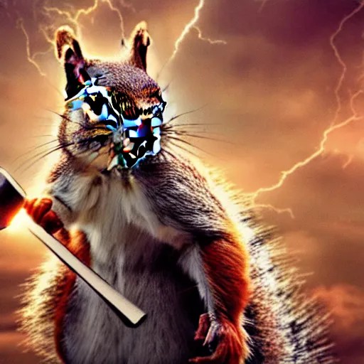 Image similar to the squirrel thor ~ holding his hammer ~ dramatic thunder background ~ fighting scene ~