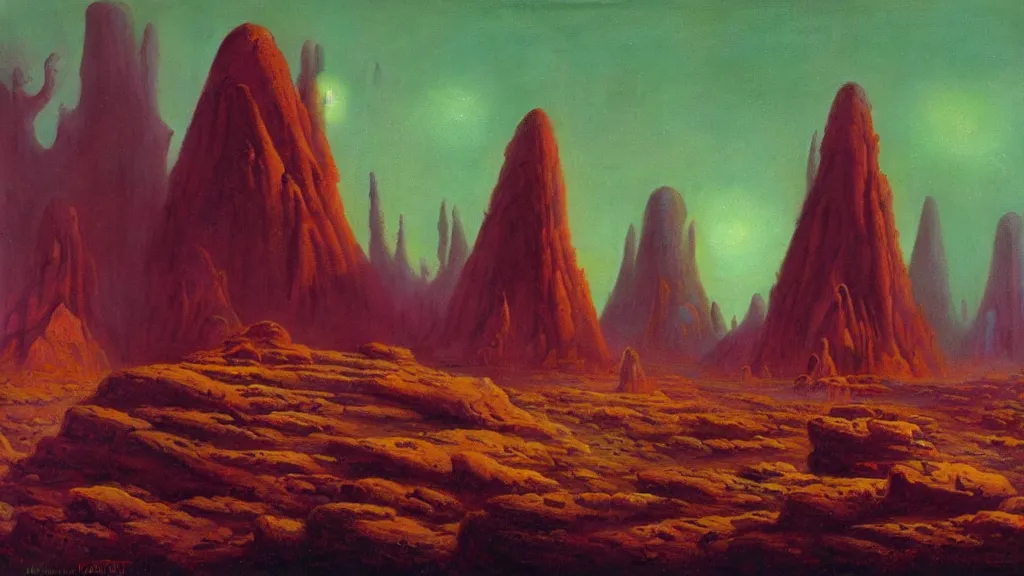 Image similar to mysterious monuments of an alien civilization by paul lehr and john schoenherr, cinematic matte painting