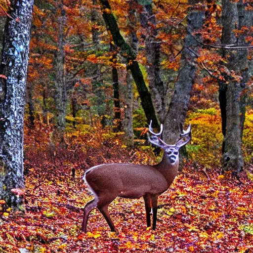 Prompt: found footage of an illustrious, colorful deer in an autumn forest, film grain, desaturated, cam corder footage