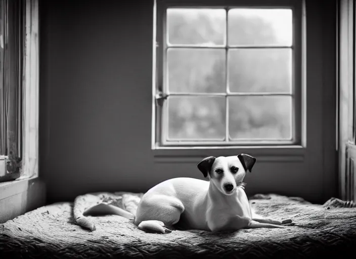 Image similar to photography of a Jack Russel . watching outside the window. on a bed. in a 70's room full of vinyls and posters, photorealistic, award winning photo, 100mm, sharp, high res