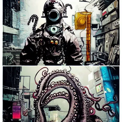 Image similar to a cyberpunk octopus, in the style of Ashley Wood, banksy and Moebius