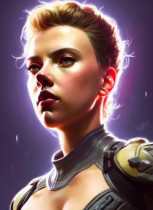 Image similar to portrait of apex legends scarlett johansson, intricate, elegant, glowing lights, highly detailed, digital painting, artstation, glamor pose, concept art, smooth, sharp focus, illustration, art by artgerm and greg rutkowski, artey freytag